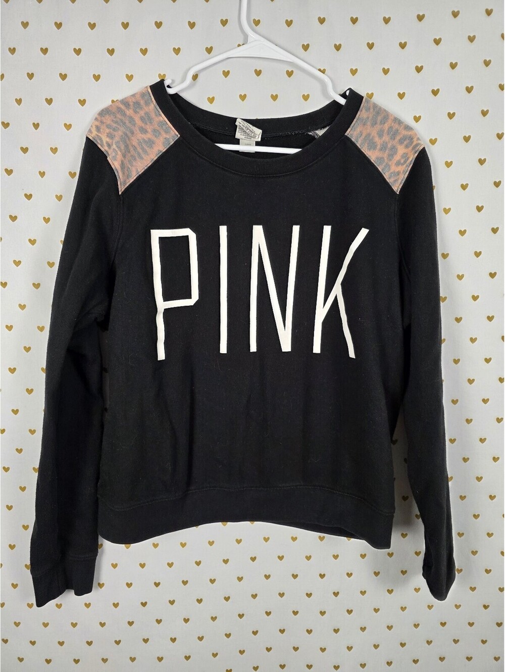 Victorias Secret Pink Leopard Print Crew Logo sweater shirt LARGE